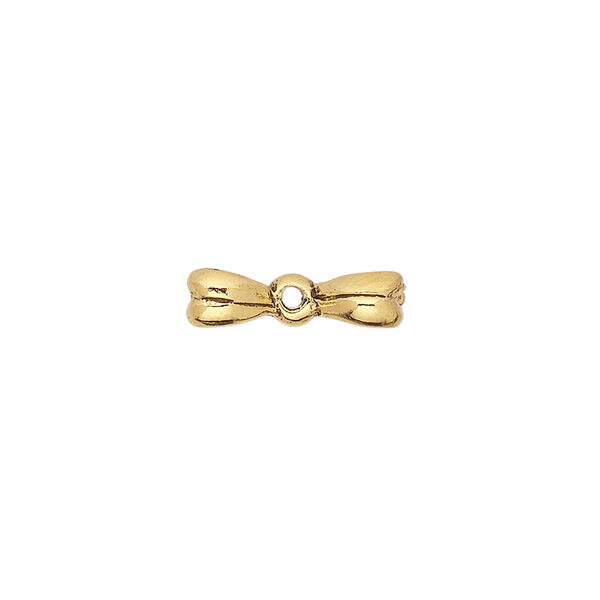 Bead, pewter (tin-based alloy), pkg/1, antique gold plate, 16x9mm double-sided bow, fits 8mm cube. image number 1