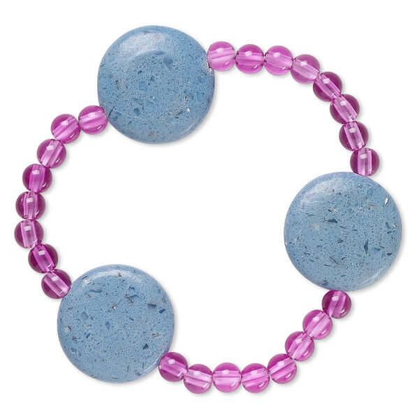Bracelet, stretch, glass and acrylic, opaque purple and blue, 5mm round and 23mm puffed flat round, 7 inches. Sold individually. image number 0