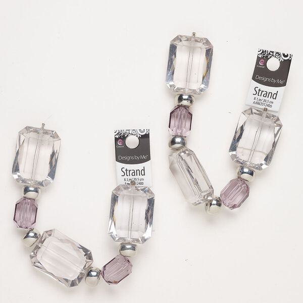 Acrylic 1pkg2, faceted rectangle / faceted barrel / rondelle 8 inch smoky / clear / silver CCB 42x32mm / 22x16.5mm / 15x10mm image number 0