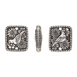 Link, TierraCast®, antique silver-plated pewter (tin-based alloy), 15x13mm double-sided flat rectangle with bird and flowers design and beaded edge. Sold per pkg of 20.