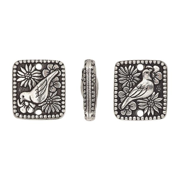 Link, TierraCast®, antique silver-plated pewter (tin-based alloy), 15x13mm double-sided flat rectangle with bird and flowers design and beaded edge. Sold per pkg of 20. image number 0