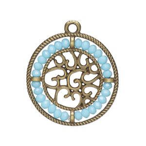 Drop, glass and antique brass-finished "pewter" (zinc-based alloy), aqua blue, 28mm round with hearts and beaded border. Sold per pkg of 2.