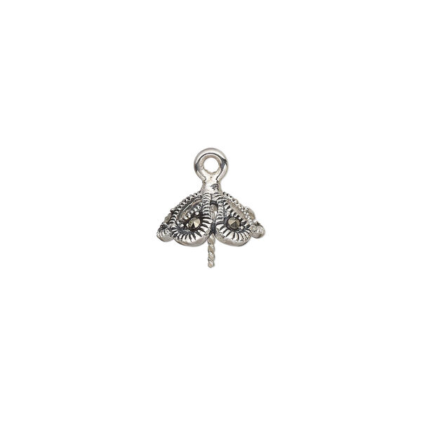 Cup, marcasite (natural) and antiqued sterling silver, 10.5x10.5mm paisley with 0.8mm twisted peg, fits 8-10mm bead. Sold individually. image number 0