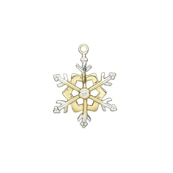 Charm, gold-finished sterling silver and cubic zirconia, two-tone gold and silver / clear, 19x16mm single-sided snowflake. Sold individually. image number 0