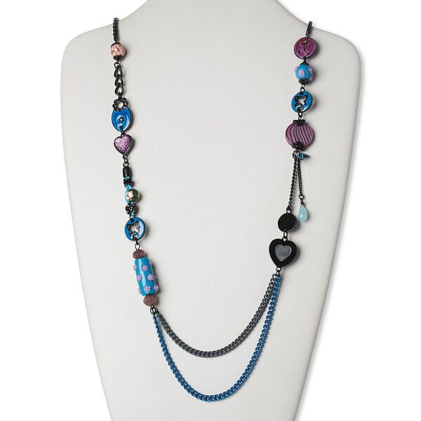 Necklace, mother-of-pearl shell (dyed) / brass / steel / enamel / porcelain / waxed cotton cord / glass / resin / acrylic, multicolored, 36 inches with lobster claw clasp. Sold individually. image number 0