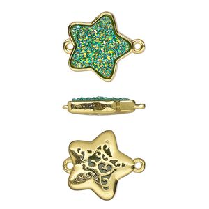 Link, Druzylite™, "druzy" (resin) and gold-finished brass, green, 15x14mm two-sided star with open filigree back. Sold per pkg of 4.