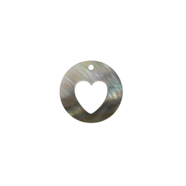 Drop, black lip shell (natural), 15mm round with cutout heart, Mohs hardness 3-1/2. Sold individually. image number 0