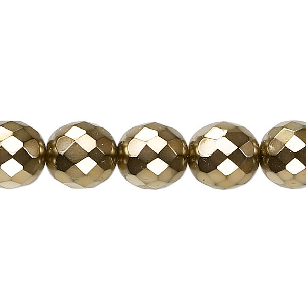Bead, Czech fire-polished glass, opaque gold carmen, 10mm faceted round. Sold per 15-1/2" to 16" strand. image number 0