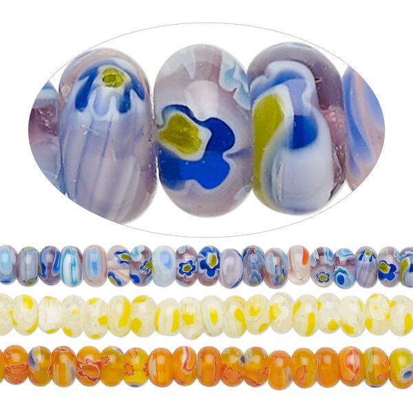 Bead, millefiori glass, translucent multicolored, 8x5m rondelle with flower design. Sold per pkg of (3) 14-inch strands. image number 0