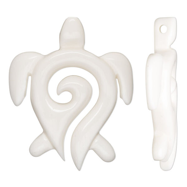 Focal, bone (bleached), white, 42x34mm hand-carved single-sided turtle, Mohs hardness 2-1/2. Sold individually. image number 0
