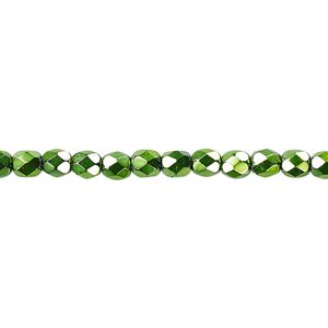 Bead, Czech fire-polished glass, emerald green carmen, 4mm faceted round. Sold per pkg of 1,200 (1 mass).