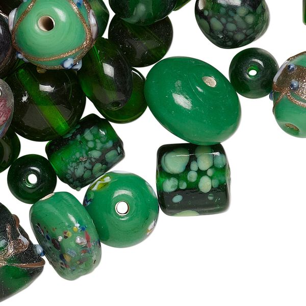 Bead mix, lampworked glass, dark green with fancy finish, 7x4mm-14x11mm mixed shapes. Sold per pkg of 100-grams, approximately 60-100 beads. image number 0