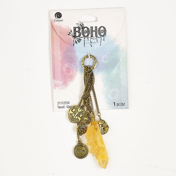 Focal, antique gold-finished steel and acrylic, golden yellow, 4-1/4 x 1-inch dangle with tassel. Sold individually. image number 0