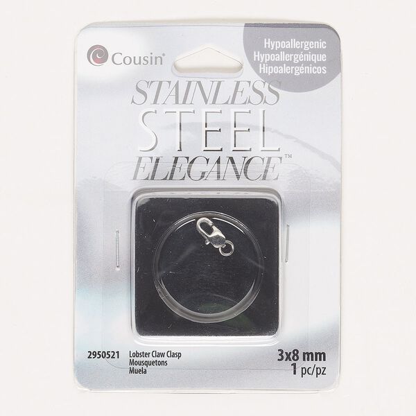 Clasp, lobster claw, stainless steel, 9.5x4.5mm with 4mm jump ring. Sold individually. image number 0