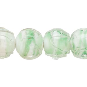 Bead, lampworked glass, translucent green / white / clear, 15mm round with swirl design. Sold per 8-inch strand, approximately 15 beads.