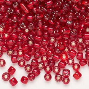 Seed bead, glass, pkg/40g, #6 round, translucent silver-lined red.