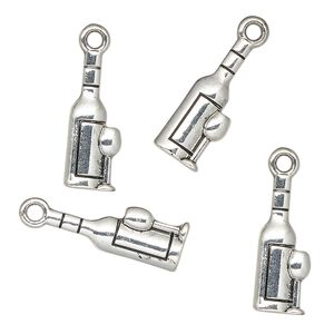Charm, antique silver-finished "pewter" (zinc-based alloy), 19x17mm wine bottle with glass. Sold per pkg of 4.