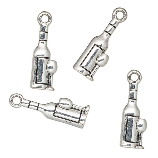Charm, antique silver-finished "pewter" (zinc-based alloy), 19x17mm wine bottle with glass. Sold per pkg of 4. image number 0