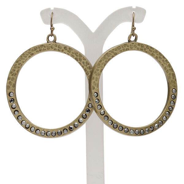 Earring, antiqued gold-finished pewter (tin-based alloy) and acrylic rhinestone, smoke grey, 2-1/4 inch hammered round hoop with fishhook ear wire. Sold per pair. image number 0