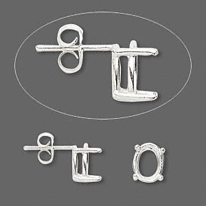 Earstud 1pkg2 Sure-Set™ sterling silver, 9x7mm oval pre-notched 4-prong basket-style setting / earnuts, 1 pair