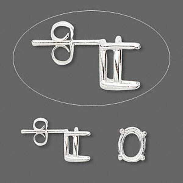 Earstud, Sure-Set™, sterling silver, 9x7mm with 4-prong oval basket setting. Sold per pair. image number 0