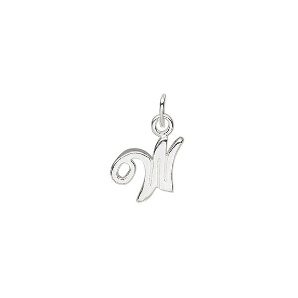 Charm, sterling silver, 12x8mm Champagne cursive alphabet letter "W." Sold individually. image number 0
