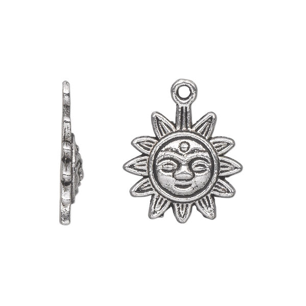 Charm, antique silver-plated "pewter" (zinc-based alloy), 17mm single-sided sun with face. Sold per pkg of 20. image number 0