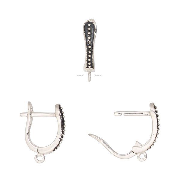 Ear wire leverback 1pkg2 sterling silver, 16.5mm hinged / open loop / beaded pattern, antiqued 1 pair image number 0
