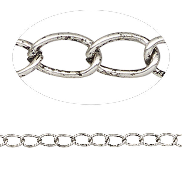 Chain, antique silver-plated steel, 3mm curb. Sold per pkg of 25 feet. image number 0