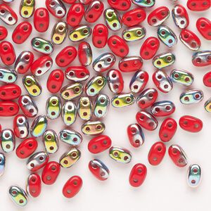 Seed bead, Preciosa Twin™ Pressed Twin Czech glass, pkg/200, 5x2.5mm oval, opaque iris red, (15309).