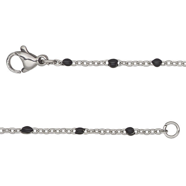 Chain, stainless steel and enamel, black, 1.7mm flat cable with 2mm ball, 16 inches with lobster claw clasp. Sold individually. image number 0