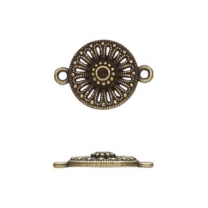 Link, antique brass-finished "pewter" (zinc-based alloy), 15mm single-sided round with cutout flower and beaded design. Sold per pkg of 20.