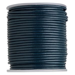 Cord, leather (dyed), dark blue, 2mm round. Sold per 25-yard spool.