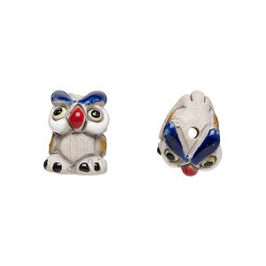 Bead, glazed ceramic, white / blue / multicolored, 15x10mm hand-painted owl. Sold per pkg of 2.