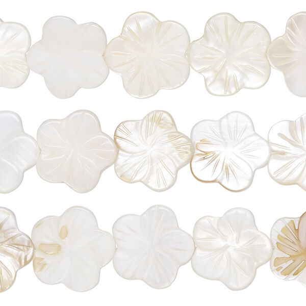 Bead, mother-of-pearl shell (natural / bleached), 14x13mm-19x18mm carved flower with 0.6-0.8mm hole, Mohs hardness 3-1/2. Sold per pkg of (3) 15-inch strands. image number 0