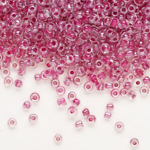 Seed bead, glass, pkg/50g, #8 round, translucent color-lined purple clear.