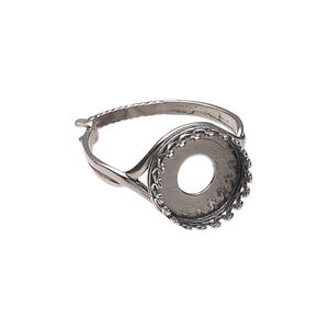 Ring, JBB Findings, antiqued sterling silver, 14mm wide with decorative trim and 12mm round bezel setting, adjustable from size 6-8. Sold individually.