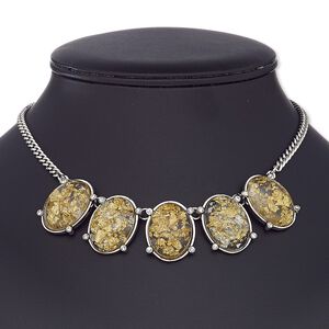 Necklace, glass rhinestone / resin / antiqued silver-coated plastic / antiqued silver-finished steel / "pewter" (zinc-based alloy), clear with gold- and silver-colored foil, 27x20mm oval, 16 inches with 3-inch extender chain and lobster claw clasp. Sold individually.