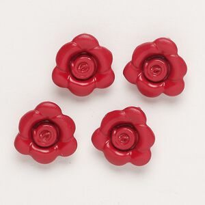 Charm, "pewter" (zinc-based alloy) and enamel, red, 13-14mm flower with hidden loop. Sold per pkg of 4.