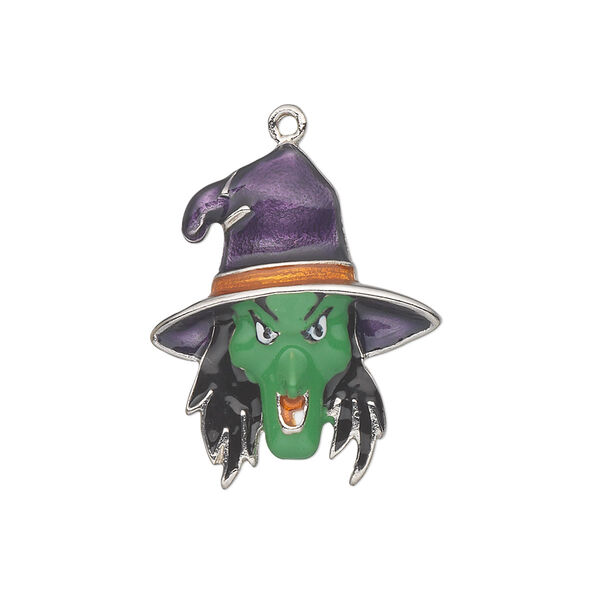 Charm, silver-plated "pewter" (zinc-based alloy) and enamel, multicolored, 25x21mm single-sided witch's head. Sold individually. image number 0