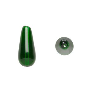 Bead, Czech pressed glass, emerald green, 20x9.5mm teardrop. Sold per 15-1/2" to 16" strand, approximately 20 beads.