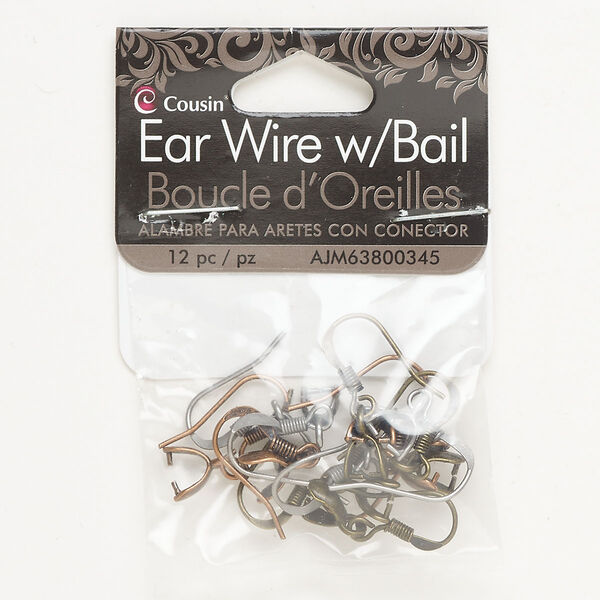 Ear wire assortment, steel, pkg/6 pairs, 20mm fishhook, 21 gauge. image number 0