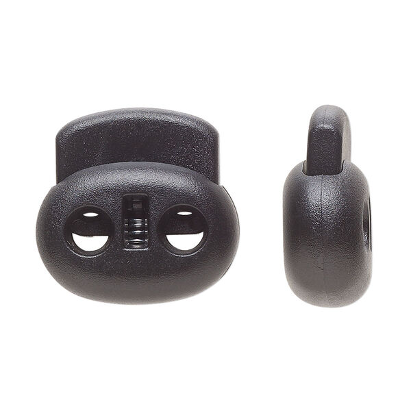 Cord lock, plastic and steel, black, 22 x 21 x 9mm flat oval with (2) holes. Sold per pkg of 10. image number 0