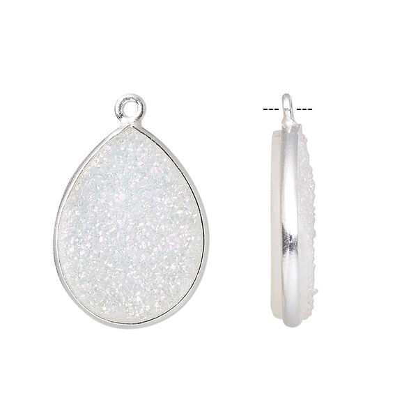 Drop, titanium- / electro-coated druzy agate (coated) / sterling silver, white opal, 21x16mm hand-cut single-sided flat teardrop. Sold individually. image number 0