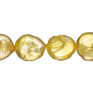 Pearl, cultured freshwater (dyed), gold, 10-12mm flat round, C- grade, Mohs hardness 2-1/2 to 4. Sold per 8-inch strand, approximately 15 beads.