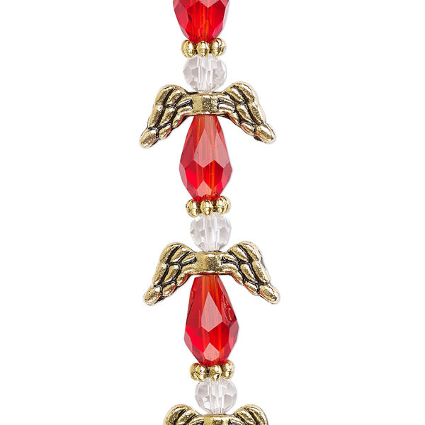 Bead, crystal and antique gold-finished "pewter" (zinc-based alloy), transparent red and clear, 17x14mm angel. Sold per pkg of 6. image number 0