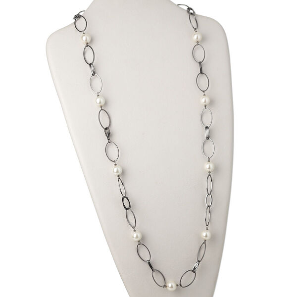 Necklace, gunmetal-plated brass and glass pearl, white, 12mm round with interlocking oval links, 34 inches with lobster claw clasp. Sold individually. image number 0