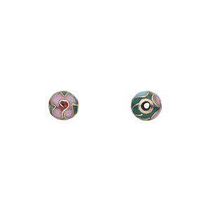 Bead, cloisonné, enamel and gold-finished copper, pink / red / green, 6mm round with flower design. Sold per pkg of 10.