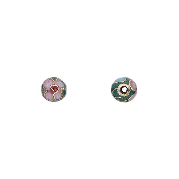 Bead, cloisonné, enamel and gold-finished copper, pink / red / green, 6mm round with flower design. Sold per pkg of 10. image number 0