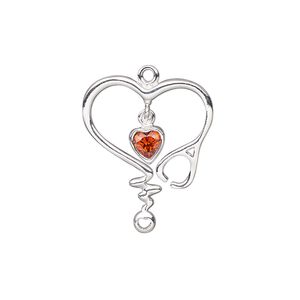 Drop, sterling silver and cubic zirconia, red, 23.5mmx19mm single-sided heart with stethoscope and heartbeat design and closed loop. Sold individually.